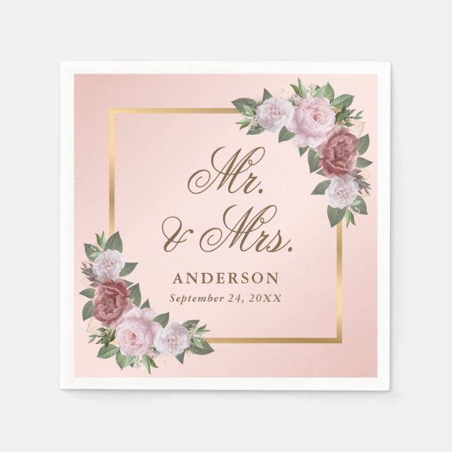 Blush Pink Gold Floral Mr and Mrs Wedding Napkins (Front)