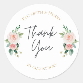 Blush pink gold floral peony thank you wedding classic round sticker