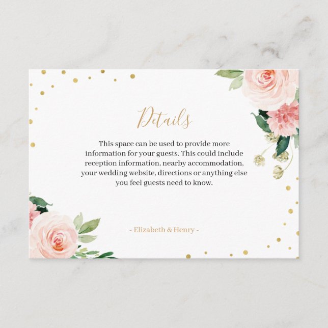 Blush pink gold floral peony wedding details card (Front)