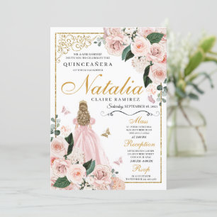 Blush Pink Gold Floral Princess Quinceanera Invitation