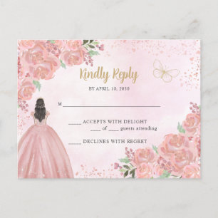 Blush Pink Gold Floral Princess Quinceañera RSVP Postcard