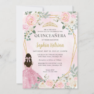 Blush Pink Gold Floral Princess Tiara Quinceañera Invitation