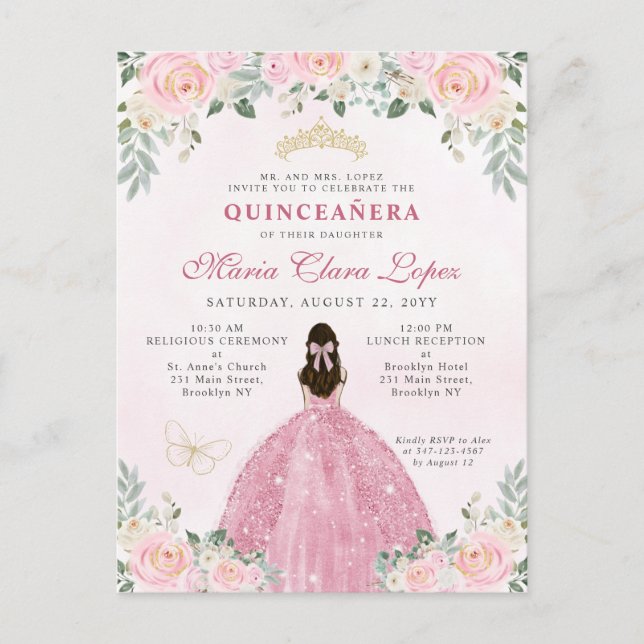 Blush Pink Gold Floral Princess Tiara Quinceañera  Invitation Postcard (Front)