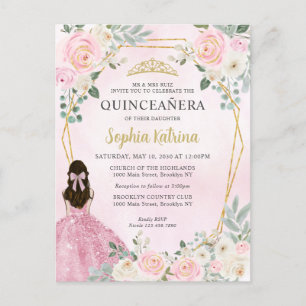 Blush Pink Gold Floral Princess Tiara Quinceañera  Postcard