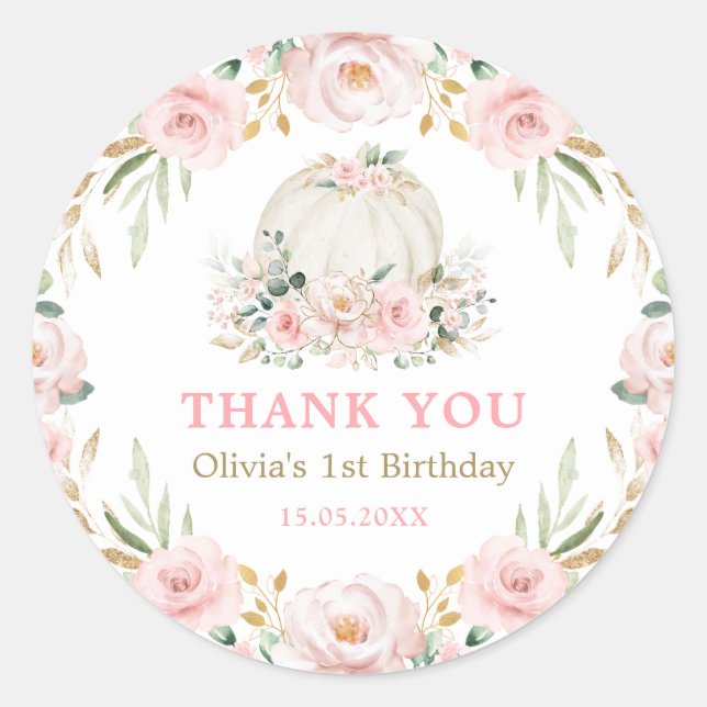 Blush Pink Gold Floral Pumpkin Baby Girl Birthday Classic Round Sticker (Front)