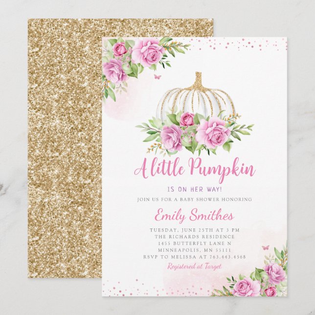 Blush Pink Gold Floral Pumpkin Girl Baby Shower Invitation (Front/Back)