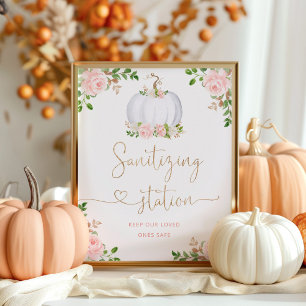 Blush pink gold floral pumpkin Sanitising station Poster