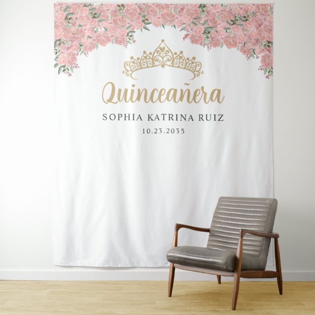Blush Pink Gold Floral Quinceanera Photo Backdrop Tapestry (In Situ)