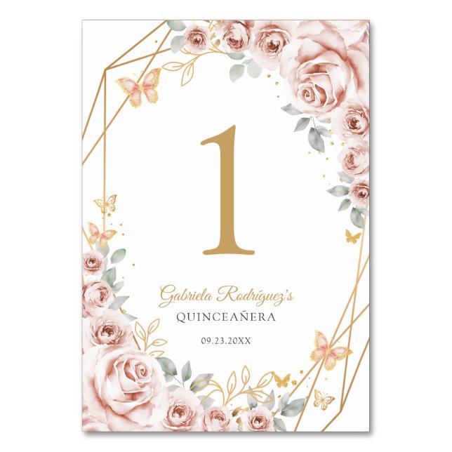 Blush Pink Gold Floral Quinceanera Table Number (Front)