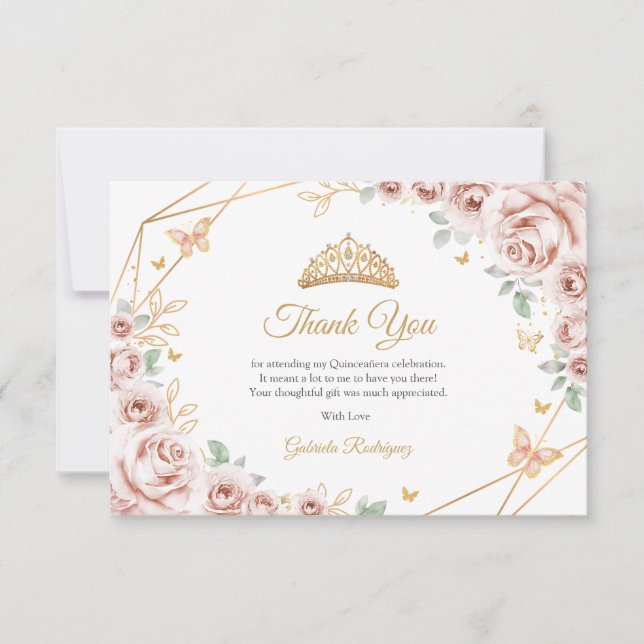 Blush Pink Gold Floral Quinceanera Thank You Card (Front)