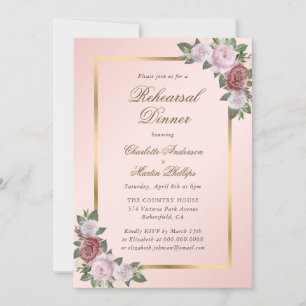 Blush Pink Gold Floral Rehearsal Dinner Invitation