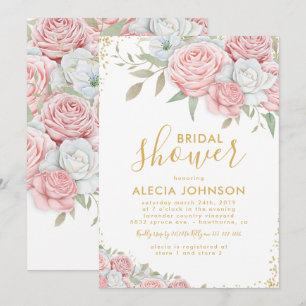 Blush Pink Gold Floral Sparkle Bridal Shower Invitation