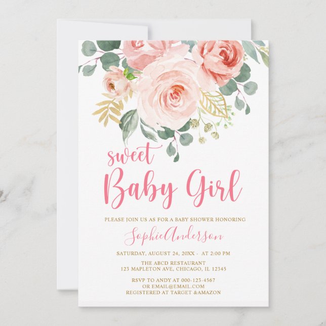Blush Pink Gold Floral Sweet Baby Girl Baby Shower Invitation (Front)