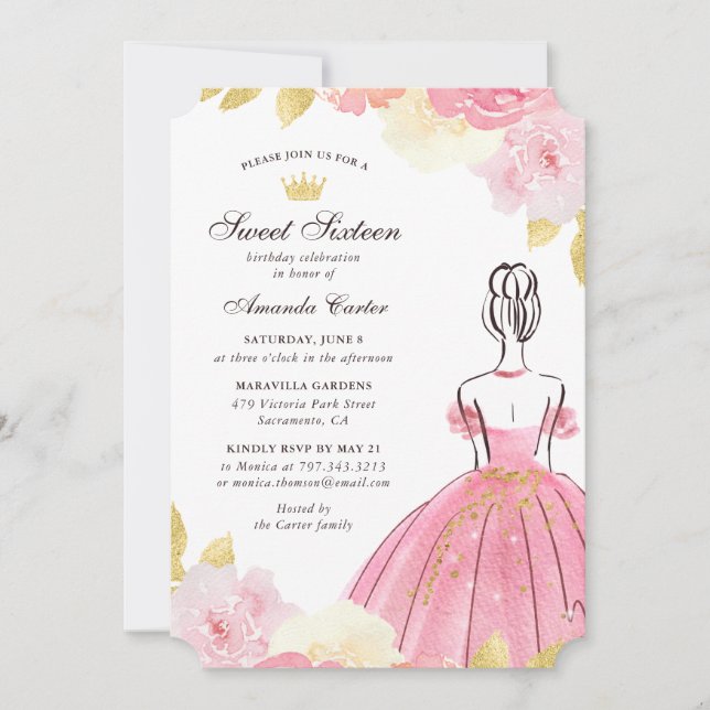 Blush Pink Gold Floral Sweet Sixteen Invitation (Front)