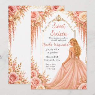 Blush Pink Gold Floral Sweet Sixteen Party Invitation