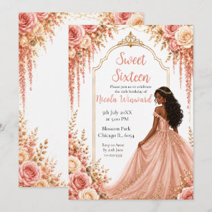 Blush Pink Gold Floral Sweet Sixteen Party Invitation