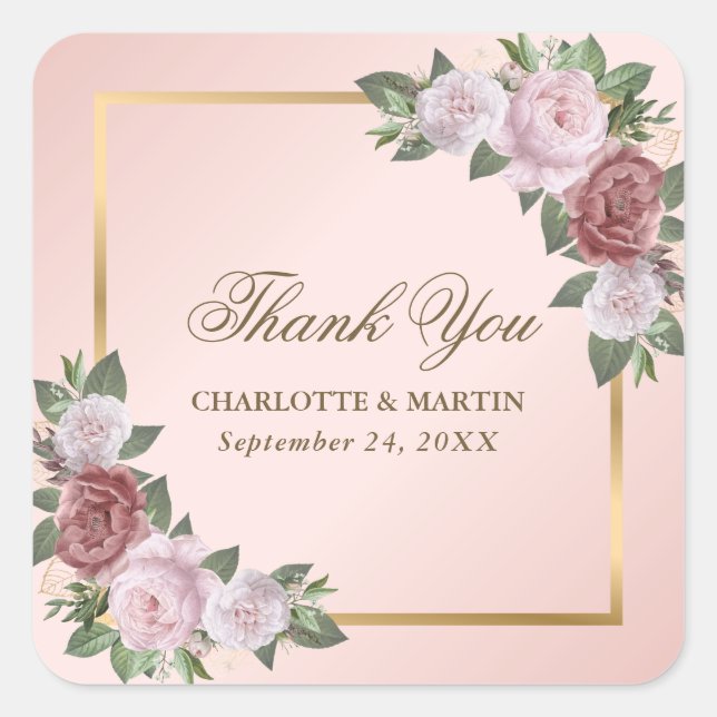 Blush Pink Gold Floral Thank You Sticker (Front)