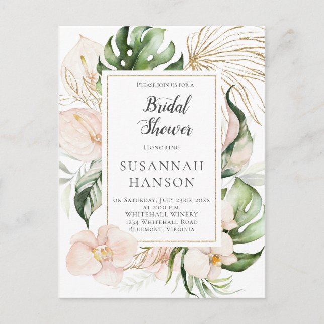 Blush Pink Gold Floral Tropical Bridal Shower Postcard (Front)