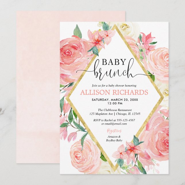 Blush pink gold floral watercolor girl baby brunch invitation (Front/Back)