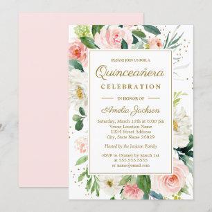 Blush Pink Gold Floral Watercolor Quinceanera Invitation