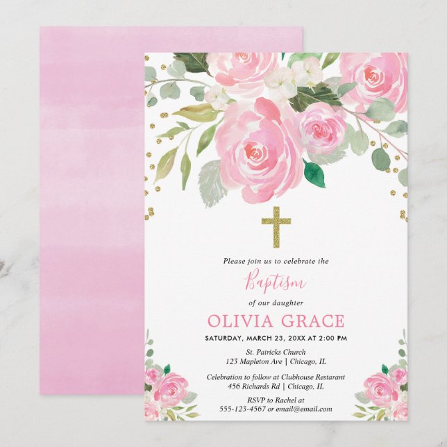 Blush pink gold floral watercolors baptism girl invitation (Front/Back)