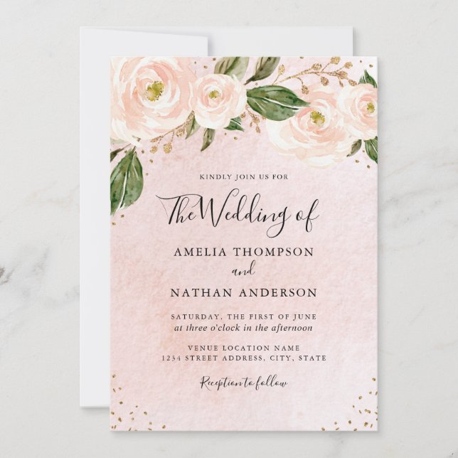Blush Pink Gold Floral Wedding  Invitation (Front)