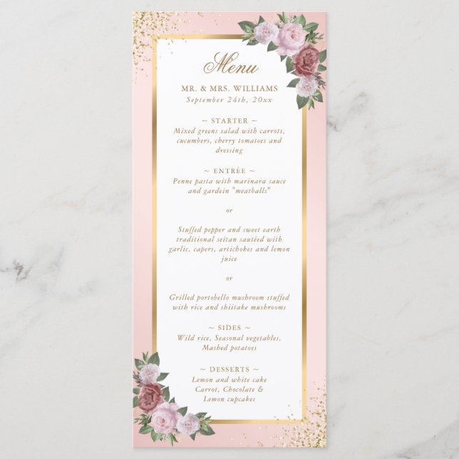 Blush Pink Gold Floral Wedding Menu (Front)