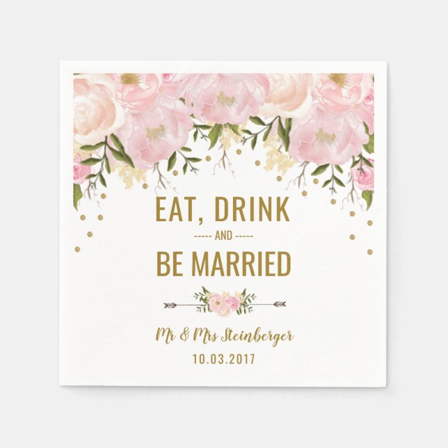 Blush Pink Gold Floral Wedding Paper Napkins (Front)