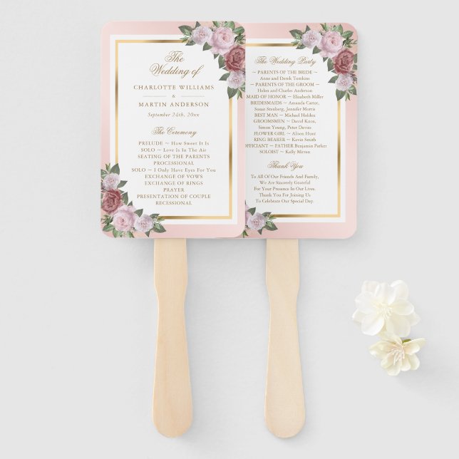 Blush Pink Gold Floral Wedding Program Fans (Front and Back)