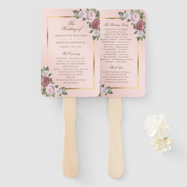Blush Pink Gold Floral Wedding Program Fans (Front and Back)