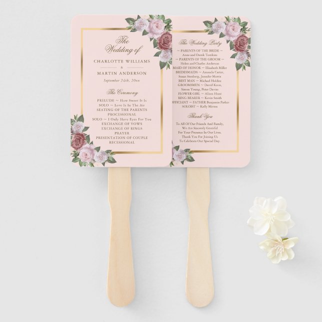 Blush Pink Gold Floral Wedding Program Fans (Front and Back)