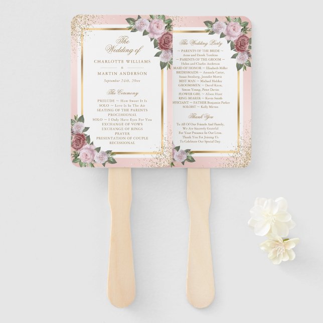 Blush Pink Gold Floral Wedding Program Hand Fan (Front and Back)