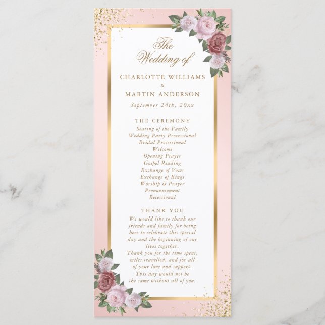 Blush Pink Gold Floral Wedding Programme (Front)