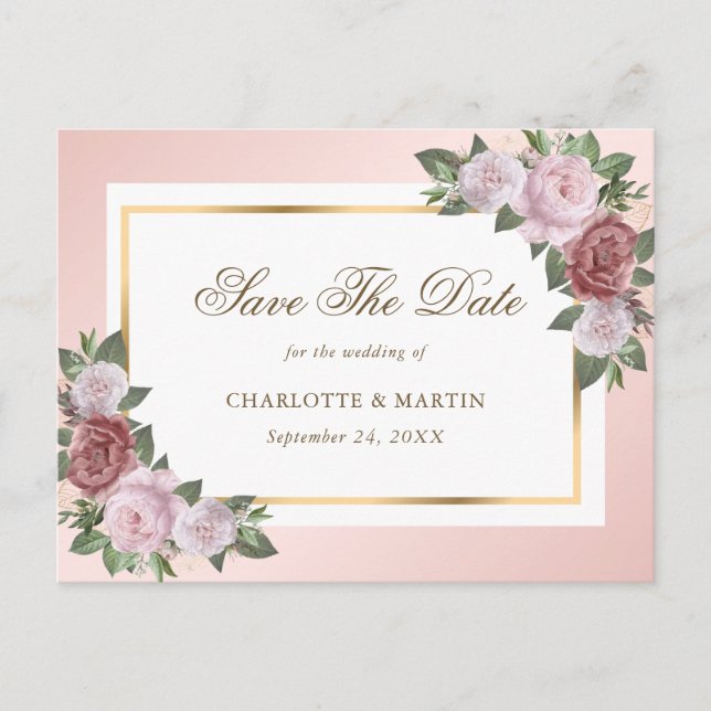 Blush Pink Gold Floral Wedding Save The Date Announcement Postcard (Front)