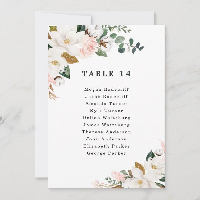 Blush Pink Gold Floral Wedding Seating Chart Cards (Front)
