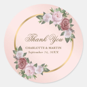 Blush Pink Gold Floral Wedding Thank You Classic Round Sticker
