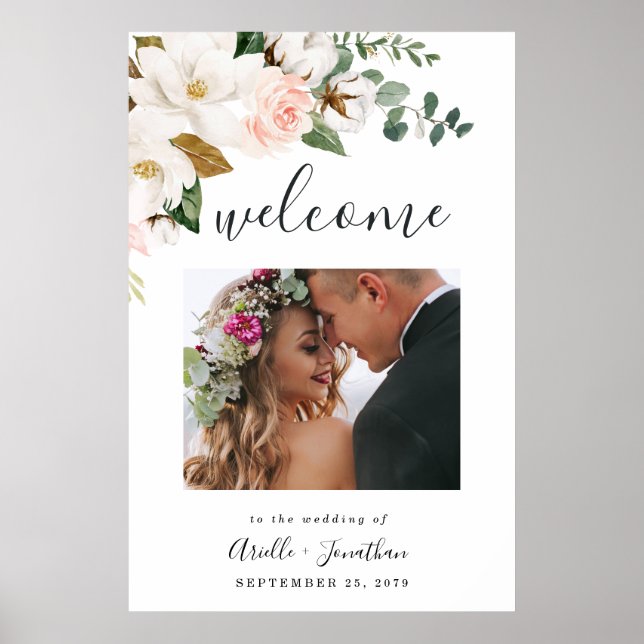 Blush Pink Gold Floral Wedding Welcome Photo Sign (Front)