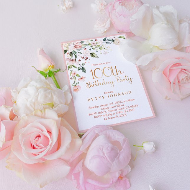 Blush Pink Gold Floral Woman's 100th Birthday Invitation (Honor a special woman's 100th birthday!)