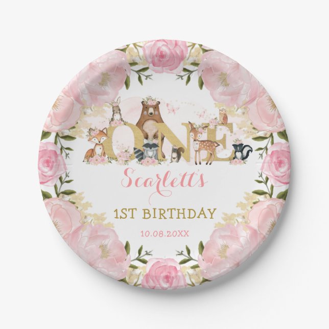 Blush Pink Gold Floral Woodland 1st Birthday Party Paper Plate (Front)