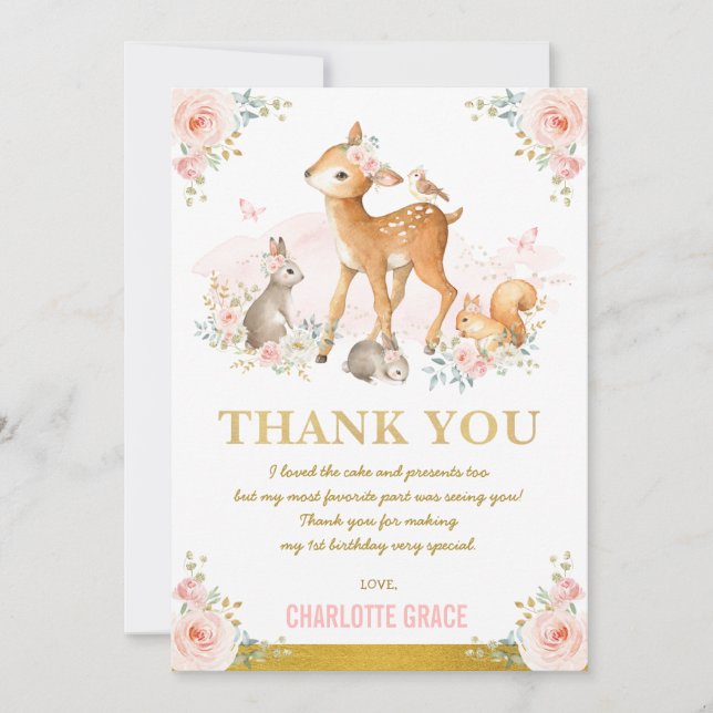 Blush Pink Gold Floral Woodland Birthday Thank You Card (Front)