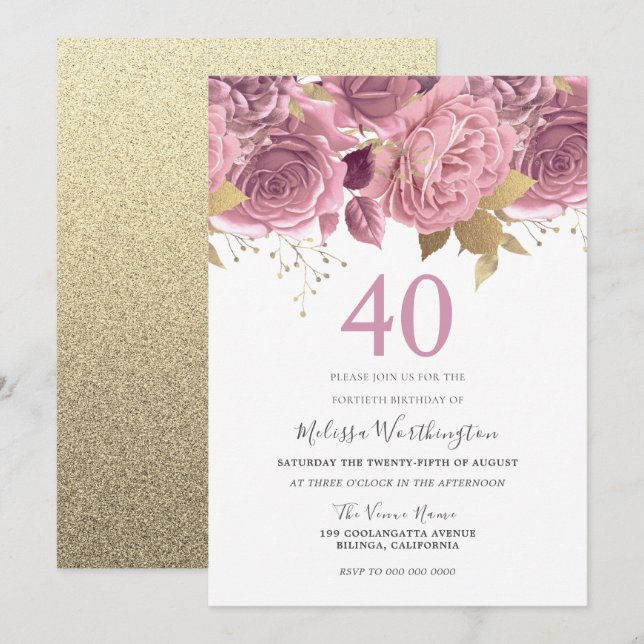 Blush Pink Gold Flowers 40th Birthday Party Invitation (Front/Back)