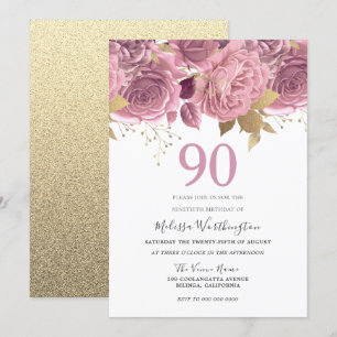 Blush Pink Gold Flowers 90th Birthday Party Invitation
