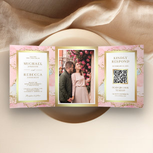 Blush Pink Gold Foil Agate Marble QR Code Wedding Tri-Fold Invitation