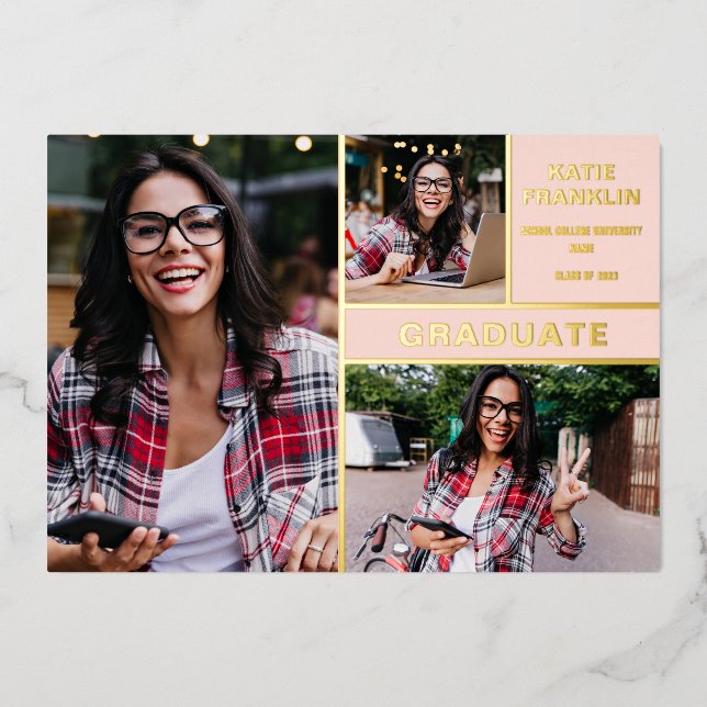 Blush Pink Gold Foil Photo Graduation Announcement (Front)