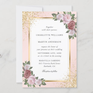 Blush Pink Gold Frame Confetti Floral Wedding Invitation