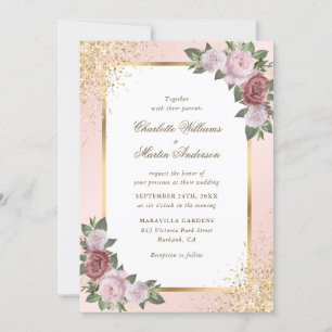 Blush Pink Gold Frame Confetti Floral Wedding Invitation