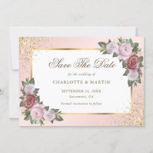 Blush Pink Gold Frame Confetti Floral Wedding Save The Date