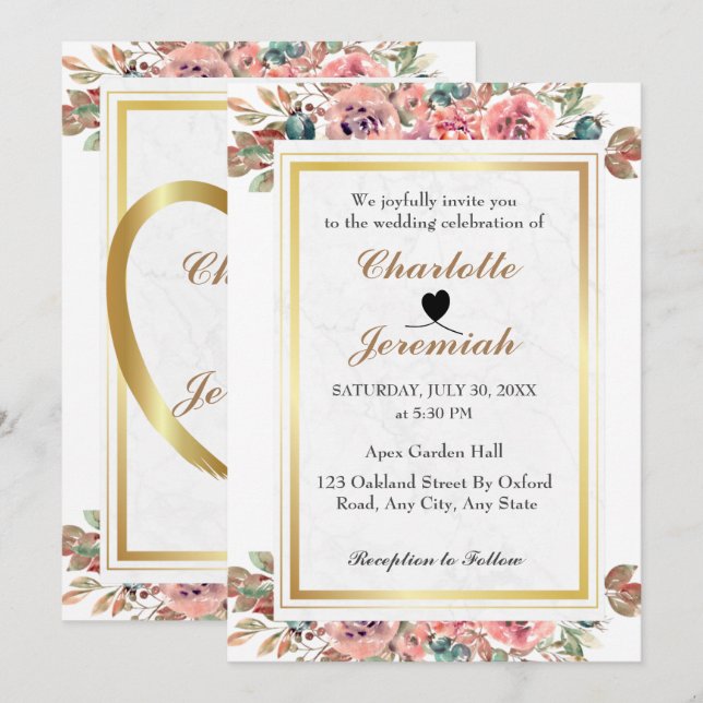 Blush Pink Gold Frame Floral Greenery Wedding Invitation (Front/Back)
