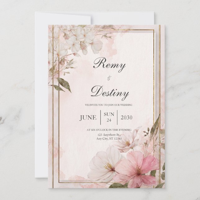 Blush Pink Gold Frame Watercolor Floral Wedding Invitation (Front)