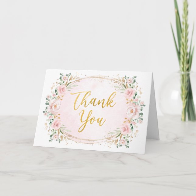 Blush Pink Gold Garden Flowers Wedding Thank You Card (Front)